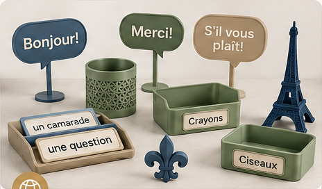 Coordinated French-language 3D printed classroom signs, labels and learning resources