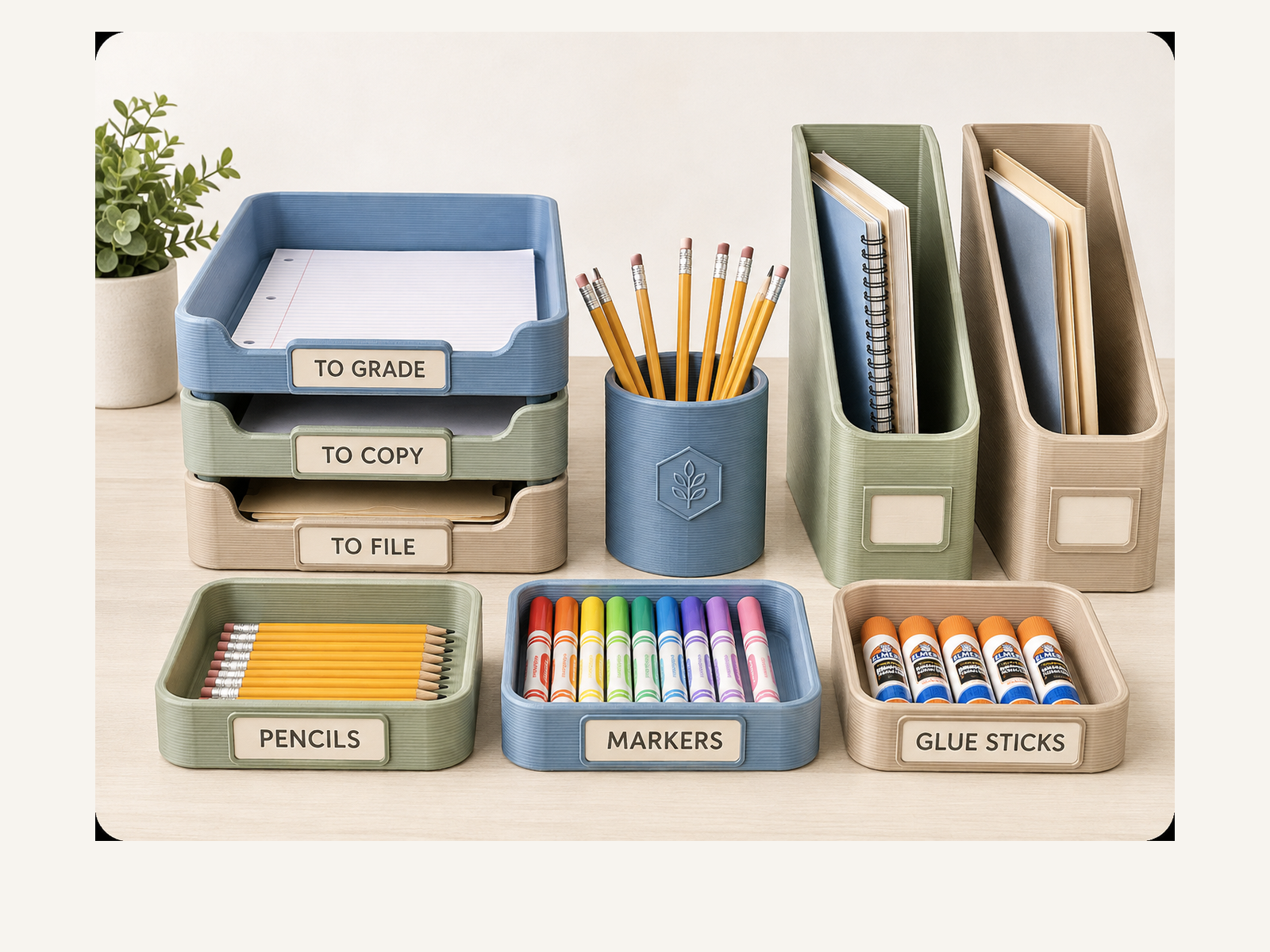 Coordinated 3D printed classroom organization bins, trays, pencil holders and storage accessories