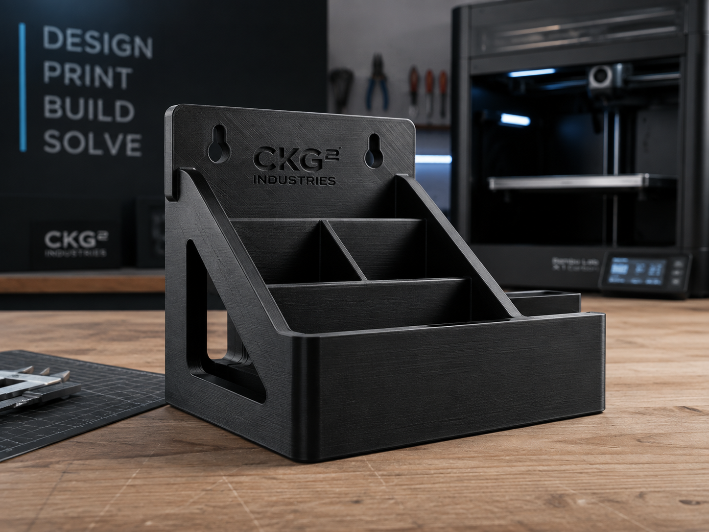 3D printed workshop organizer on a workbench with a 3D printer in the background