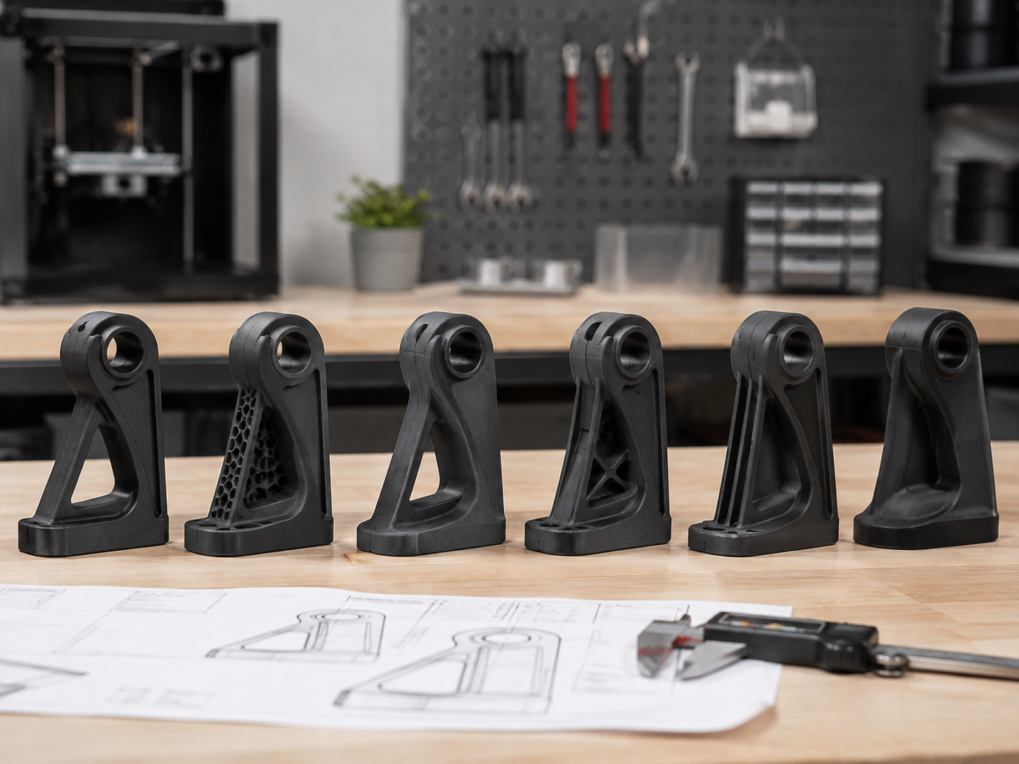 Several 3D printed prototype brackets lined up on a workbench