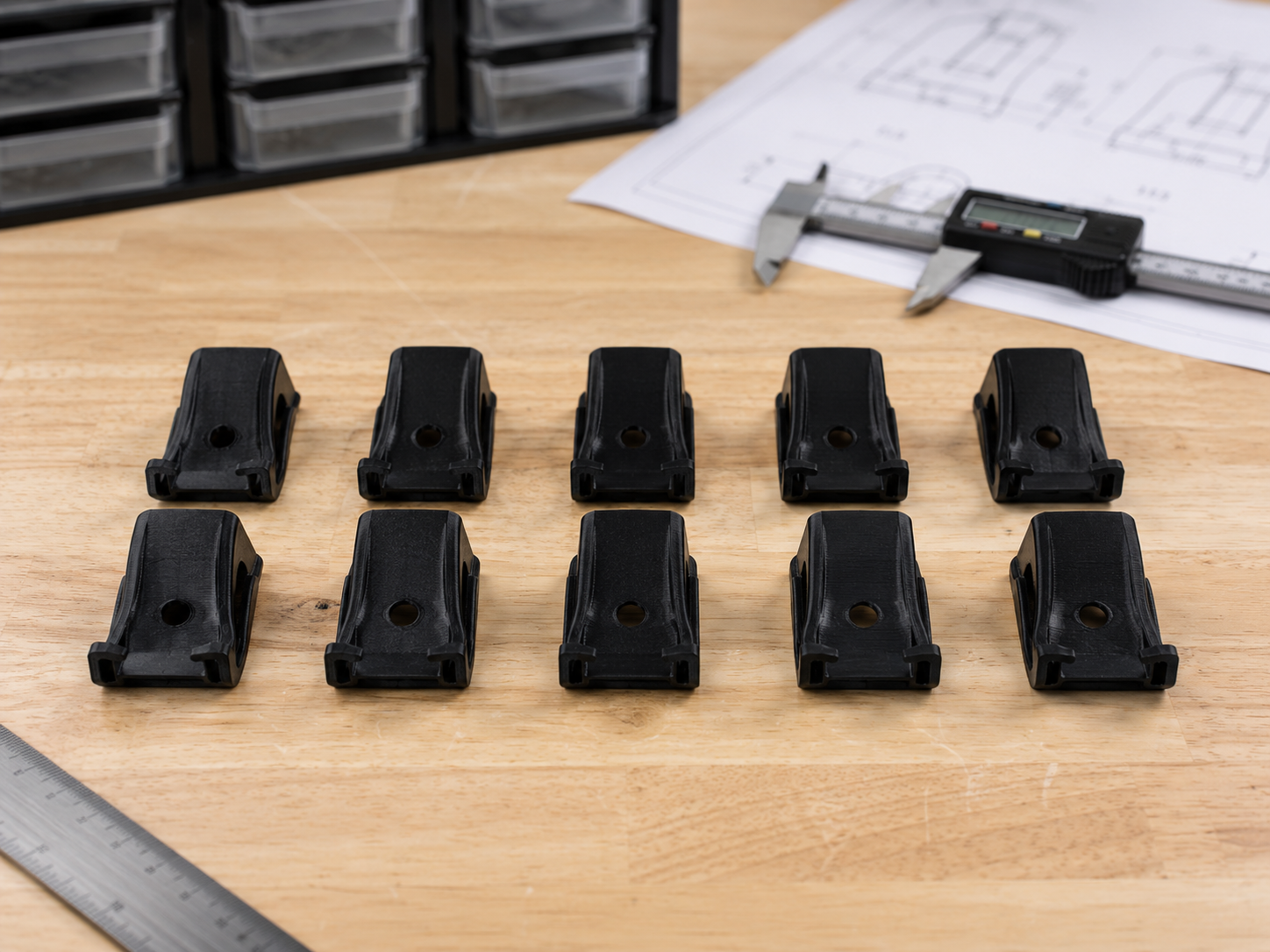 A small batch of matching 3D printed parts on a workbench